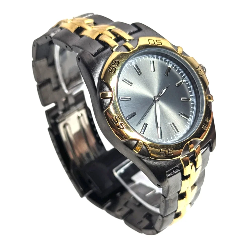 Two Tone Gray Face Silver Dial Men's Quartz Movement‎ Stainless Steel Wristwatch